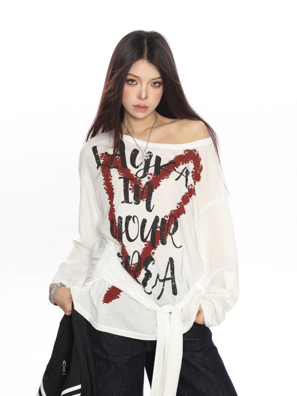 Y2K Heart Graffiti Tie-Shoulder Long Sleeve T-Shirt for Women, Summer Thin Cover-Up, Casual Trendy Style