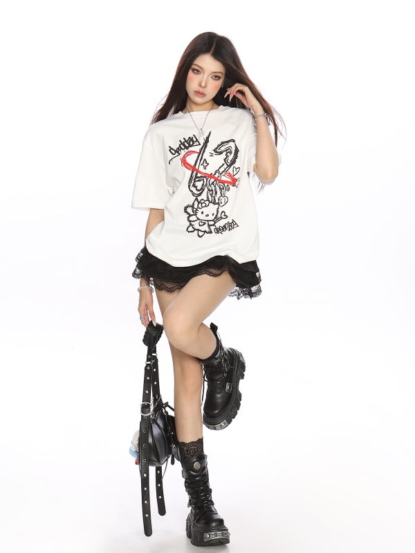 Y2K Hello Kitty Graffiti Print Short Sleeve T-Shirt for Women - Sweet Cool Casual Slim Fit Summer Top