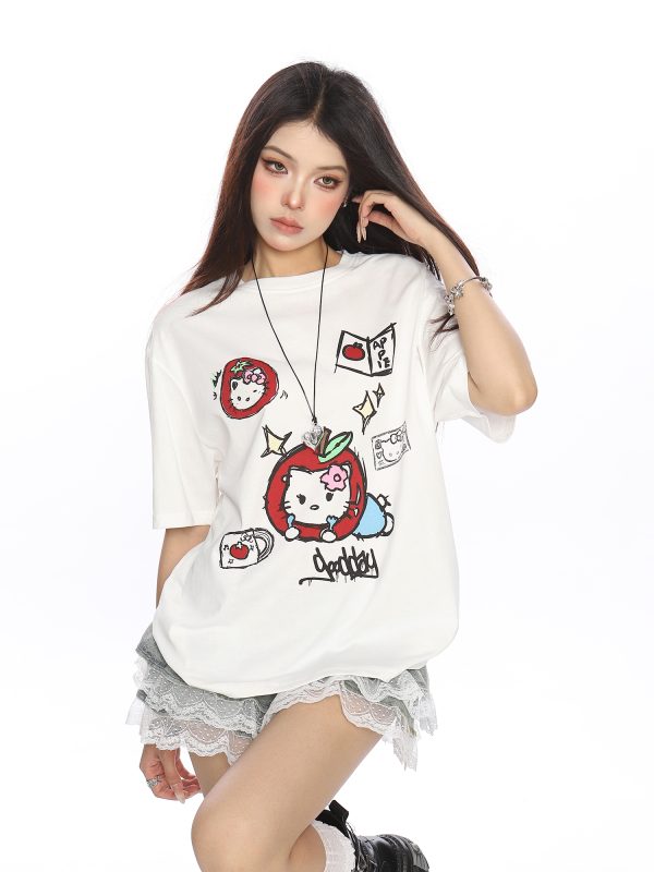 Y2K Hello Kitty Graffiti Print Short Sleeve T-Shirt for Women - Sweet Cool Casual Slim Fit Summer Top