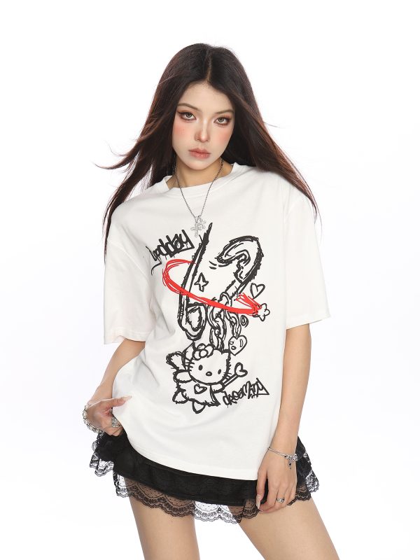 Y2K Hello Kitty Graffiti Print Short Sleeve T-Shirt for Women - Sweet Cool Casual Slim Fit Summer Top