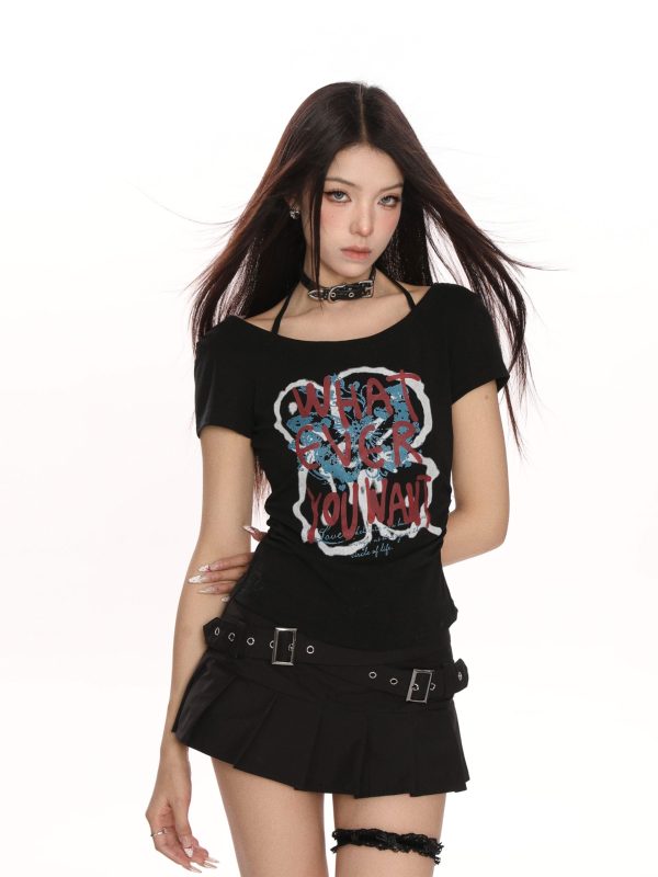 Y2K Hot Girl Graffiti One-Shoulder Short Sleeve T-Shirt for Women - Trendy Slim Fit Summer Top