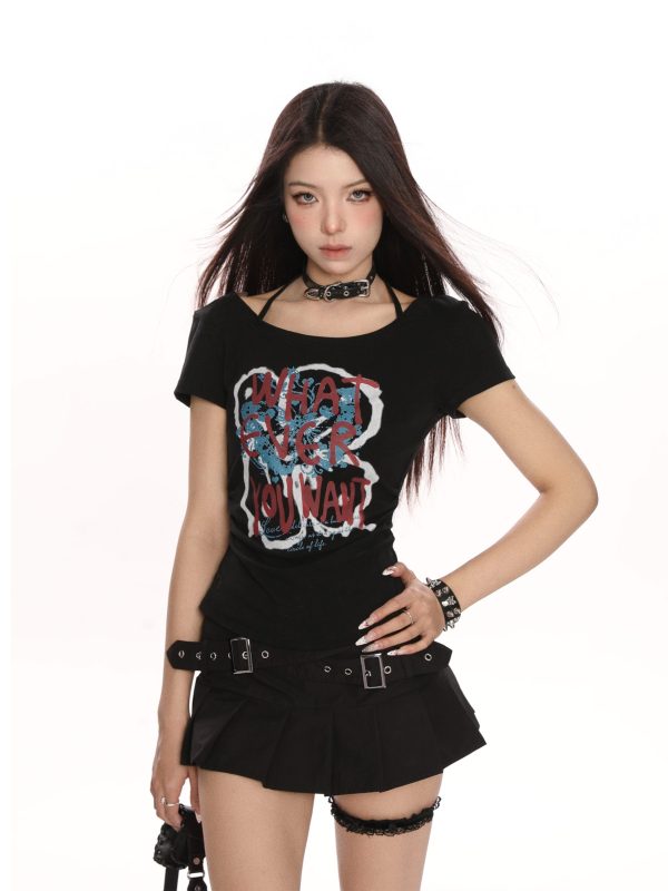 Y2K Hot Girl Graffiti One-Shoulder Short Sleeve T-Shirt for Women - Trendy Slim Fit Summer Top