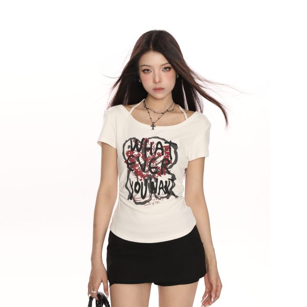 Y2K Hot Girl Graffiti One-Shoulder Short Sleeve T-Shirt for Women - Trendy Slim Fit Summer Top
