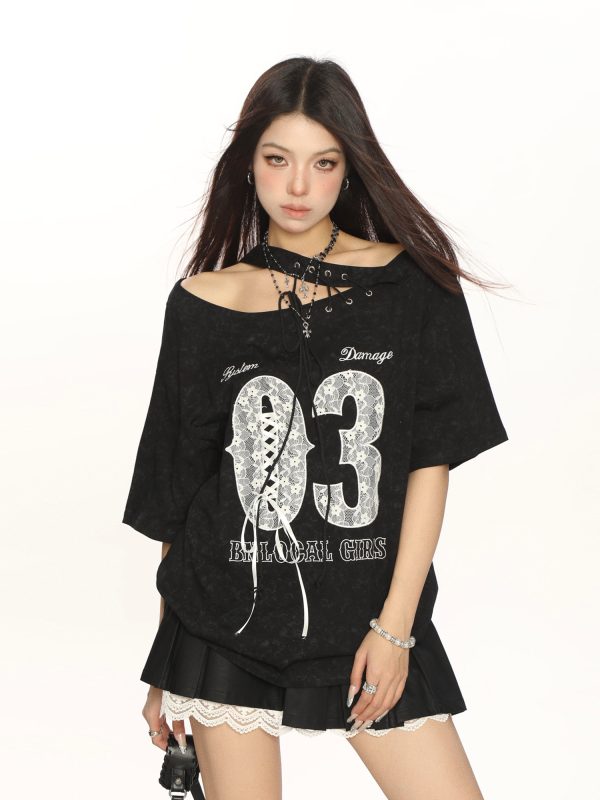 Y2K Lace Tie Asymmetrical Shoulder Short Sleeve T-Shirt for Women - Slimming Off-Shoulder Summer Top - Trendy Fashion Style