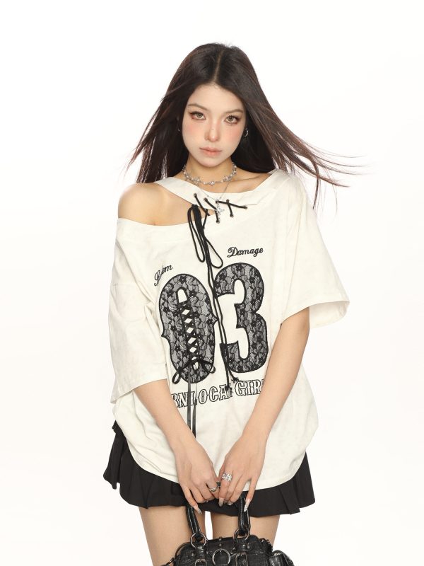 Y2K Lace Tie Asymmetrical Shoulder Short Sleeve T-Shirt for Women - Slimming Off-Shoulder Summer Top - Trendy Fashion Style
