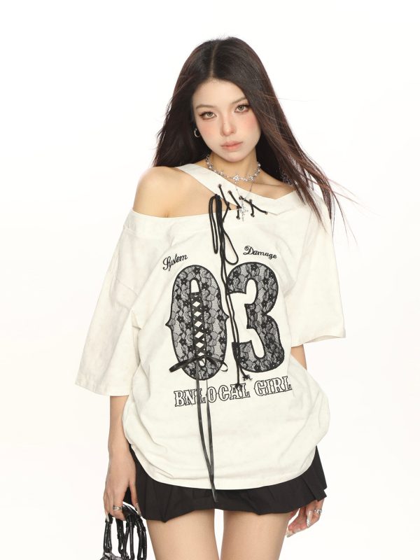 Y2K Lace Tie Asymmetrical Shoulder Short Sleeve T-Shirt for Women - Slimming Off-Shoulder Summer Top - Trendy Fashion Style