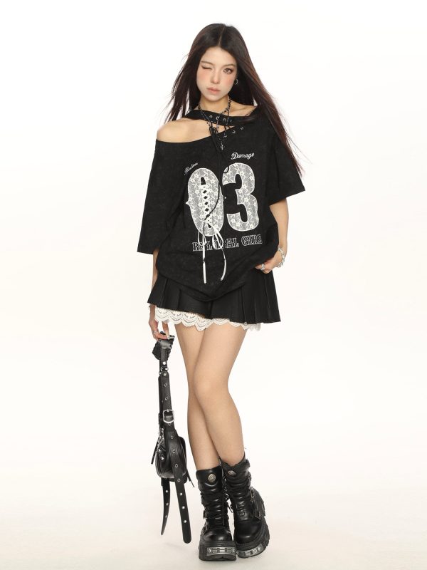 Y2K Lace Tie Asymmetrical Shoulder Short Sleeve T-Shirt for Women - Slimming Off-Shoulder Summer Top - Trendy Fashion Style