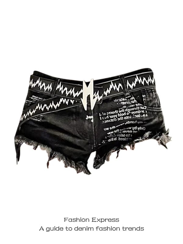 Y2K Low-Waist Frayed Denim Shorts for Women - Slimming Body-Hugging Black Hot Pants with Letter Print for Autumn and Winter