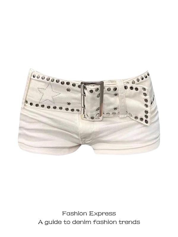 Y2K Low-Waist White Denim Shorts with Studded Belt - Body-Hugging Wide-Leg Hot Pants for Women - Trendy Autumn & Winter Fashion