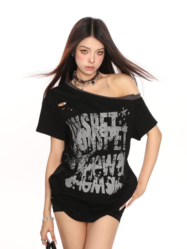 Y2K Punk Graffiti Ripped Asymmetrical Shoulder Short Sleeve T-Shirt for Women - Summer Slim Fit Off-Shoulder Top