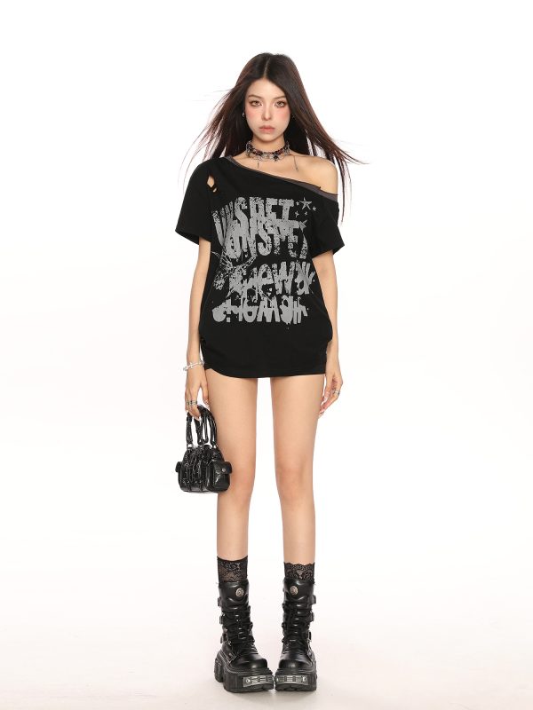 Y2K Punk Graffiti Ripped Asymmetrical Shoulder Short Sleeve T-Shirt for Women - Summer Slim Fit Off-Shoulder Top