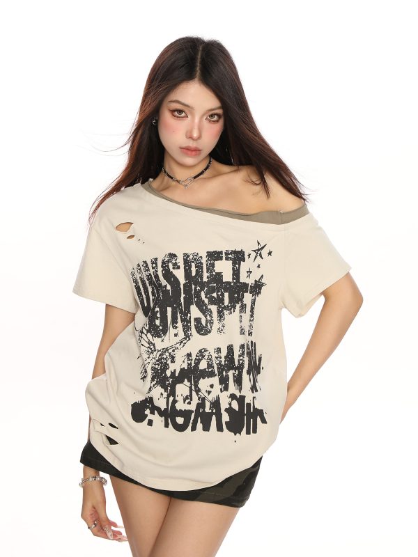 Y2K Punk Graffiti Ripped Asymmetrical Shoulder Short Sleeve T-Shirt for Women - Summer Slim Fit Off-Shoulder Top