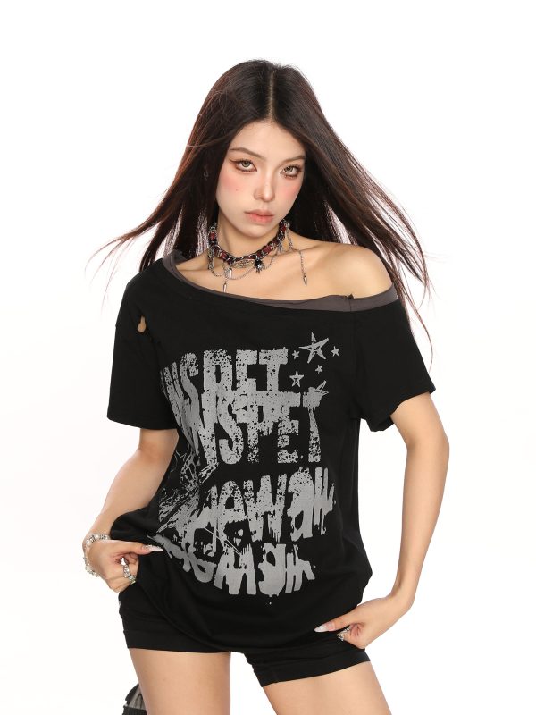 Y2K Punk Graffiti Ripped Asymmetrical Shoulder Short Sleeve T-Shirt for Women - Summer Slim Fit Off-Shoulder Top