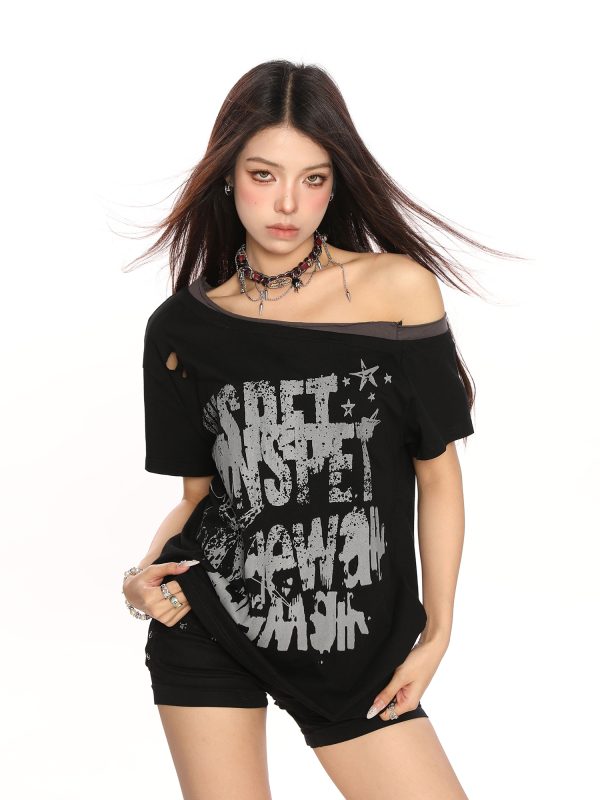 Y2K Punk Graffiti Ripped Asymmetrical Shoulder Short Sleeve T-Shirt for Women - Summer Slim Fit Off-Shoulder Top