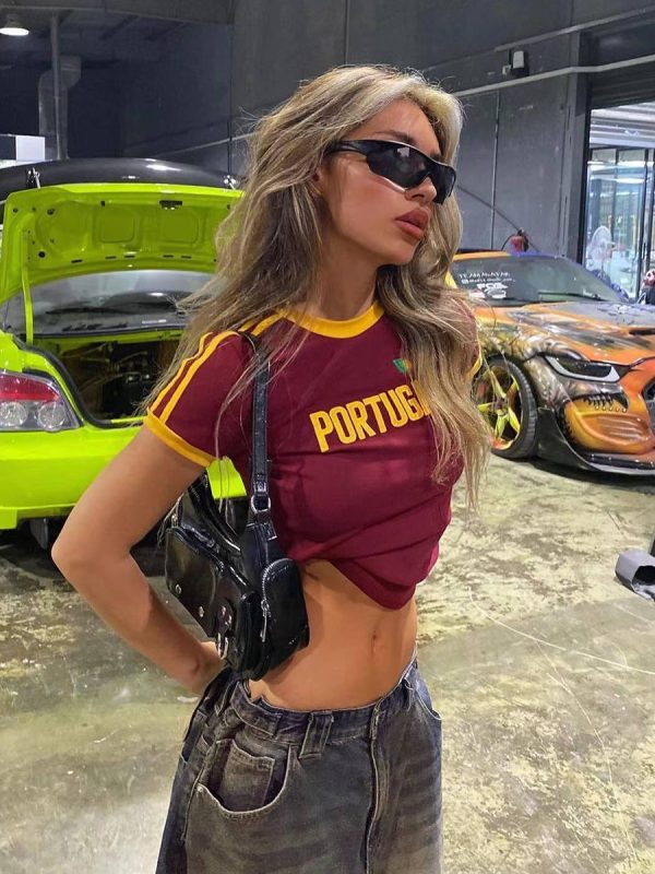 Y2K Retro Football Shirt for Women - Wine Red Short Sleeve Off-Shoulder Slim Fit Cropped T-Shirt