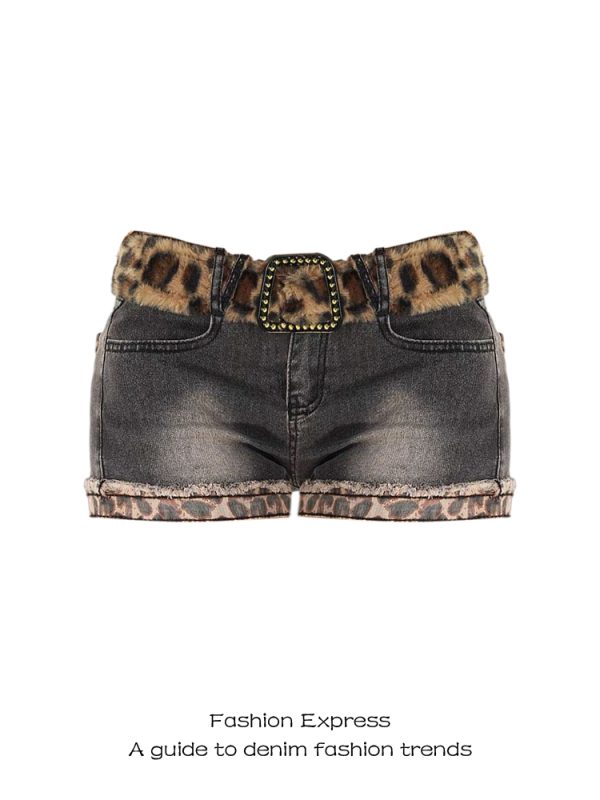 Y2K Retro Leopard Print Rolled Hem Ultra-Short Denim Shorts for Women - Spicy Bodycon Slimming Hot Pants for Autumn Winter Shibuya Style