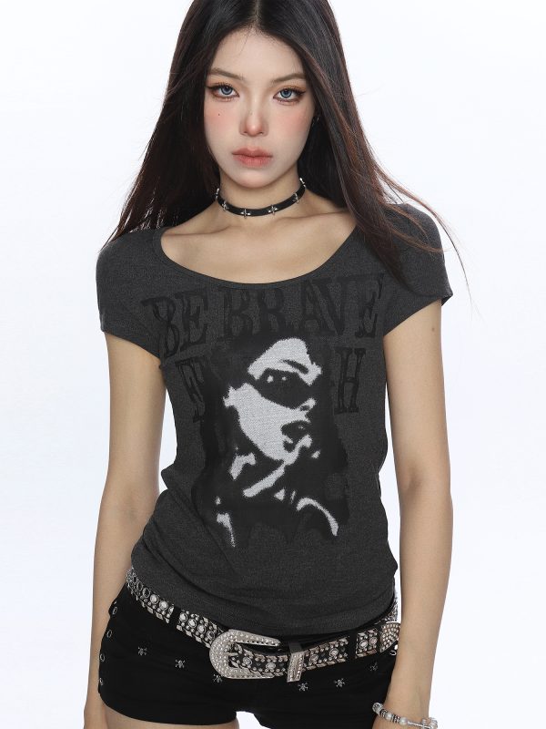 Y2K Slim-Fit Cropped T-Shirt for Women, American-Style Spicy Girl Portrait Print, Short Sleeve Summer Top