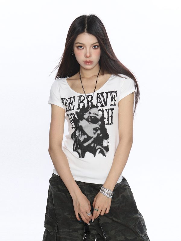 Y2K Slim-Fit Cropped T-Shirt for Women, American-Style Spicy Girl Portrait Print, Short Sleeve Summer Top