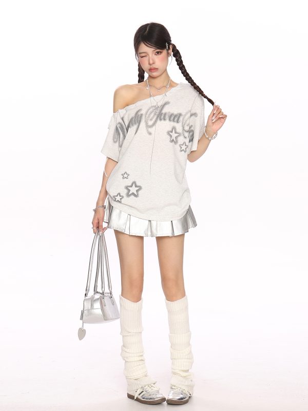 Y2K Star Graffiti Off-Shoulder Short Sleeve T-Shirt for Women - Slim Fit Strap Shoulder Summer Top for Cool Style