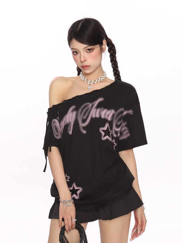 Y2K Star Graffiti Off-Shoulder Short Sleeve T-Shirt for Women - Slim Fit Strap Shoulder Summer Top for Cool Style