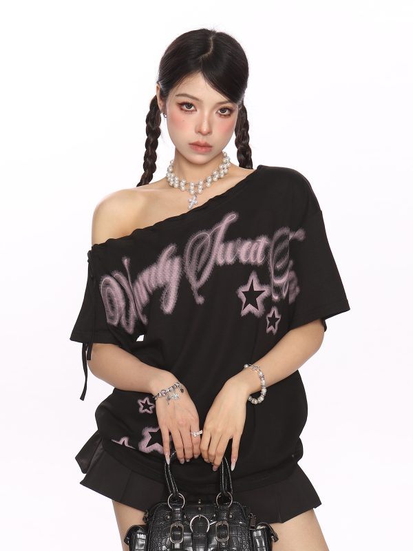 Y2K Star Graffiti Off-Shoulder Short Sleeve T-Shirt for Women - Slim Fit Strap Shoulder Summer Top for Cool Style