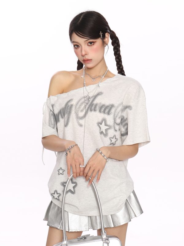 Y2K Star Graffiti Off-Shoulder Short Sleeve T-Shirt for Women - Slim Fit Strap Shoulder Summer Top for Cool Style