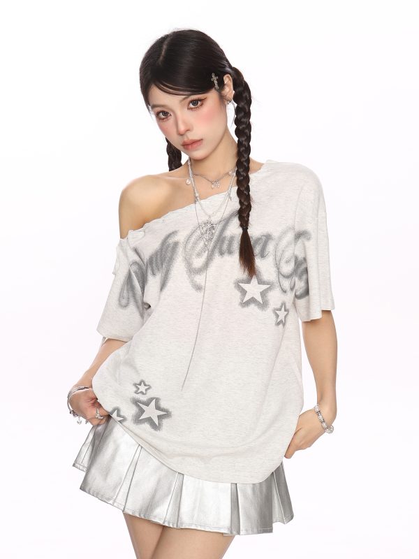Y2K Star Graffiti Off-Shoulder Short Sleeve T-Shirt for Women - Slim Fit Strap Shoulder Summer Top for Cool Style