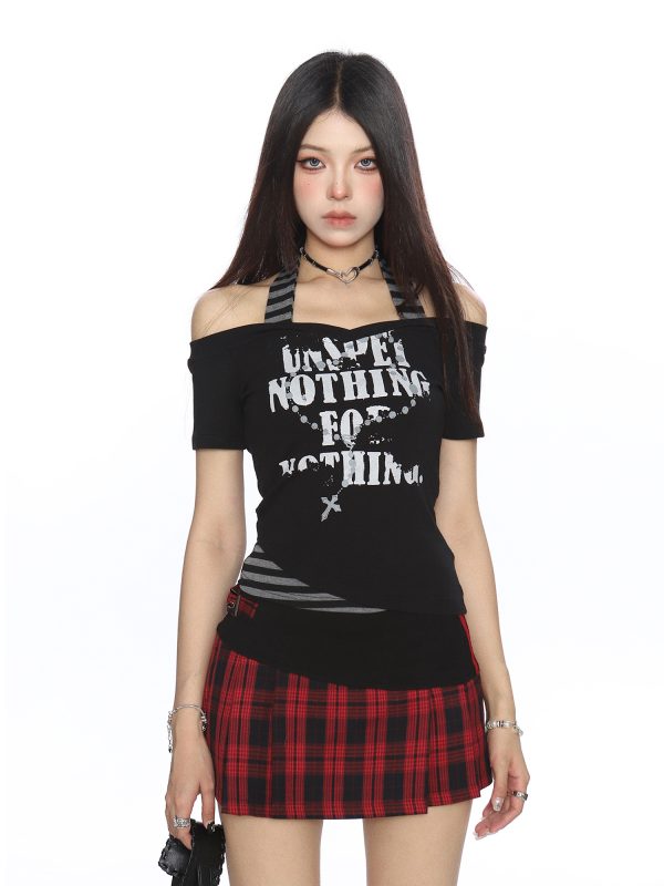 Y2K Subculture One-Shoulder Neck Strap Short Sleeve T-Shirt for Women - Slim Fit Summer Top in Sweet Cool Style