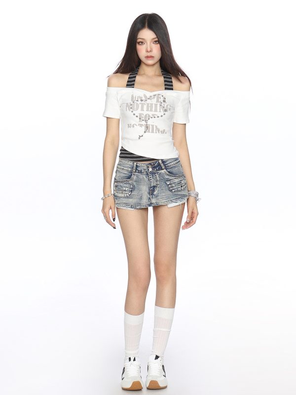 Y2K Subculture One-Shoulder Neck Strap Short Sleeve T-Shirt for Women - Slim Fit Summer Top in Sweet Cool Style