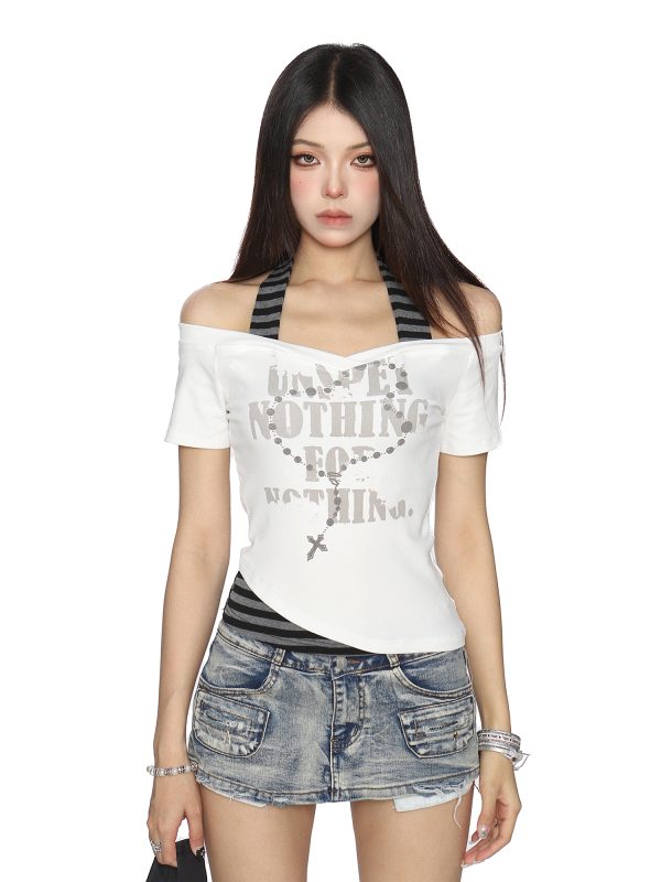 Y2K Subculture One-Shoulder Neck Strap Short Sleeve T-Shirt for Women - Slim Fit Summer Top in Sweet Cool Style