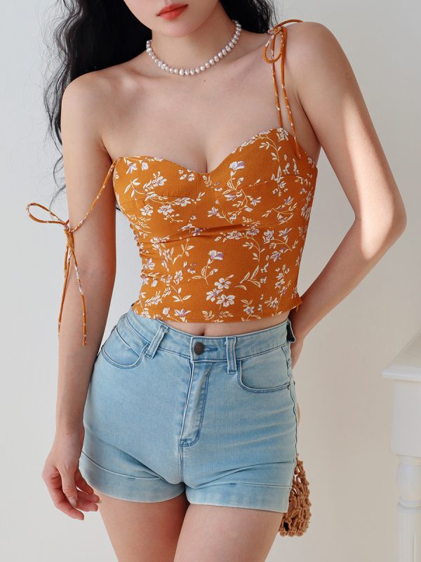 Yellow Floral Spaghetti Strap Vintage Casual Top - French Hot Girl Vacation Style, Y2K Inspired Fashion Shirt
