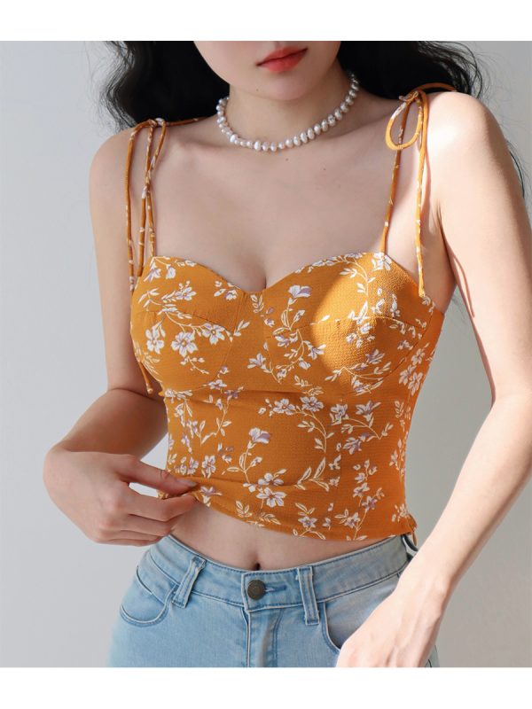 Yellow Floral Spaghetti Strap Vintage Casual Top - French Hot Girl Vacation Style, Y2K Inspired Fashion Shirt