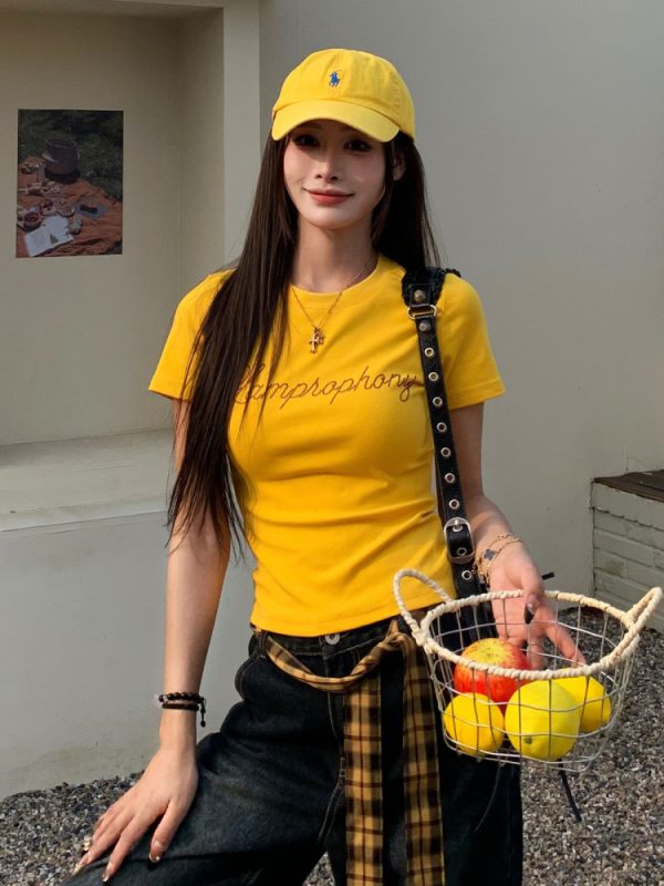 Yellow Letter Rhinestone Short Sleeve Off-Shoulder Crop Top for Women - Summer Slim Fit Hot Girl Style, 90s Inspired Fashion