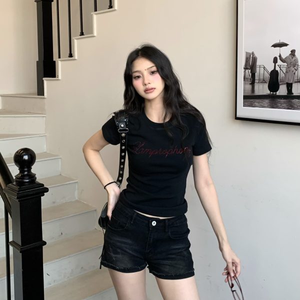 Yellow Letter Rhinestone Short Sleeve Off-Shoulder Crop Top for Women - Summer Slim Fit Hot Girl Style, 90s Inspired Fashion