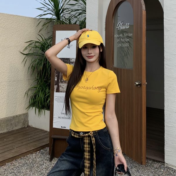 Yellow Letter Rhinestone Short Sleeve Off-Shoulder Crop Top for Women - Summer Slim Fit Hot Girl Style, 90s Inspired Fashion