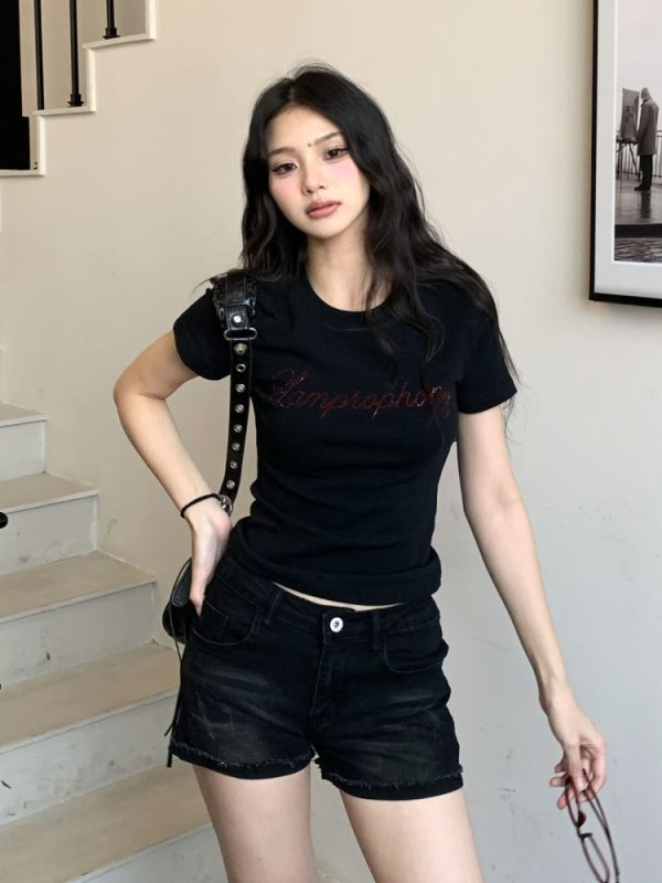 Yellow Letter Rhinestone Short Sleeve Off-Shoulder Crop Top for Women - Summer Slim Fit Hot Girl Style, 90s Inspired Fashion