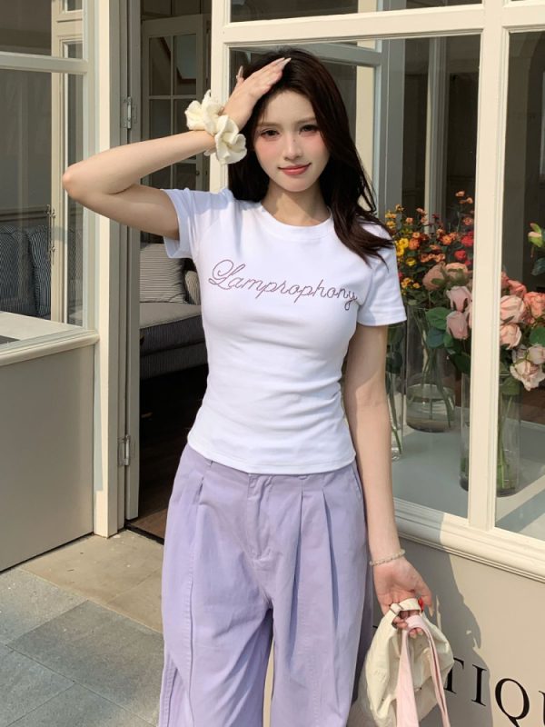Yellow Letter Rhinestone Short Sleeve Off-Shoulder Crop Top for Women - Summer Slim Fit Hot Girl Style, 90s Inspired Fashion