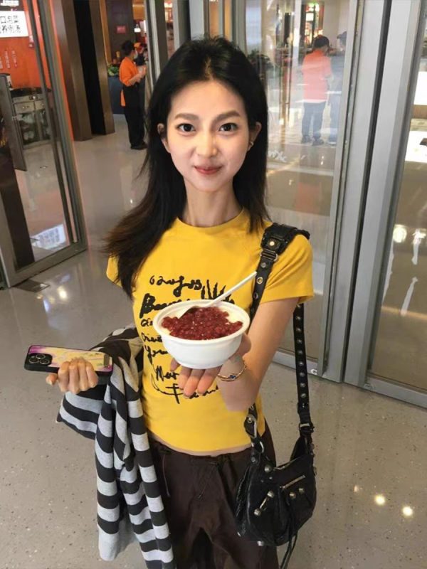 Yellow Off-Shoulder T-Shirt for Women - Graffiti Print, Short Sleeves, Slim Fit, Summer Sweet and Spicy Style