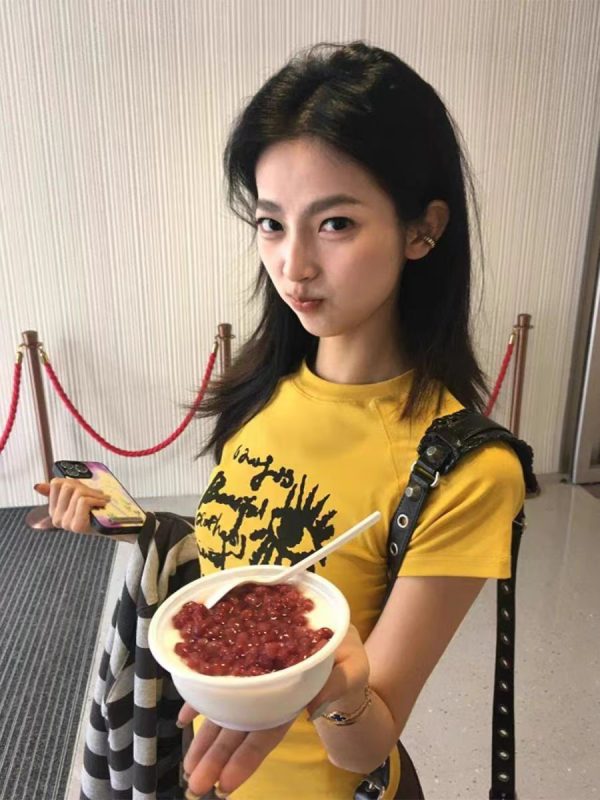 Yellow Off-Shoulder T-Shirt for Women - Graffiti Print, Short Sleeves, Slim Fit, Summer Sweet and Spicy Style