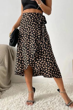 Asymmetric Tie Side Wrap Midi Skirt