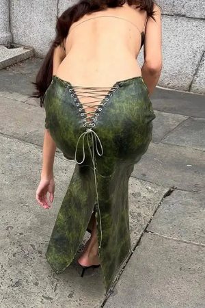 Baddie Leaf Lace Up Split Maxi Skirt