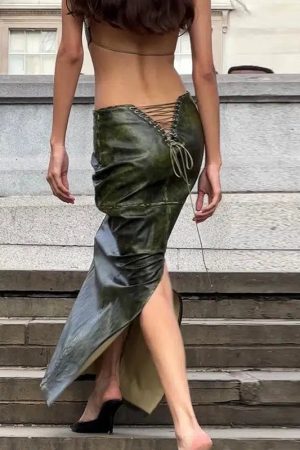 Baddie Leaf Lace Up Split Maxi Skirt