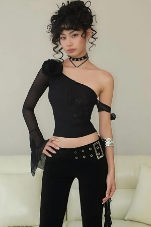 Baddie Rose One Shoulder Mesh Top