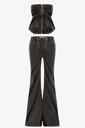 Black Denim Tube Top & Patch Jeans Two Piece Set
