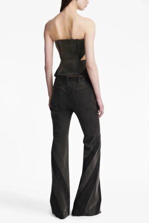 Black Denim Tube Top & Patch Jeans Two Piece Set