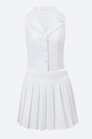 Button Up Top & Pleated Mini Skirt Two Piece Set