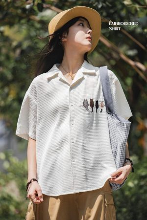 Cat Embroidered Shirt