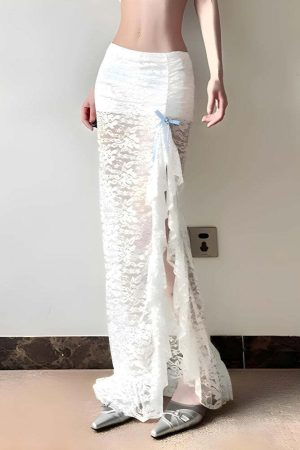 Coquette Lace Ruffled Slit Maxi Skirt