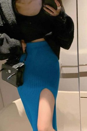 Corduroy Knitted Split Midi Skirt