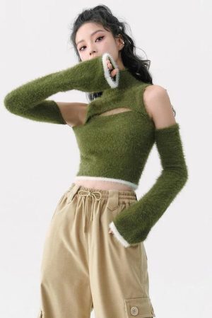 Cut Out Fluffy Crop Sweater Top
